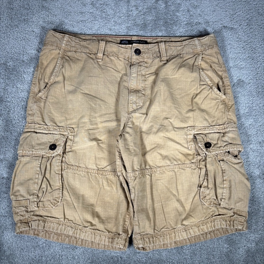 American Eagle Cargo Shorts Mens 36 Longboard Tan Canvas Ripstop Baggy Heavy Y2K